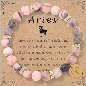 Natural Pink Zebra Jasper Bracelet Zodiac Charm Rhinestone Spacer Round Bead Stretch Astrology Jewelry
