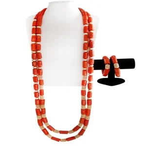 Natural Red Coral Beaded Jewelry Set Bohemian Style Double-Strand Necklace and Bracelet Set for Women’s Parties YL219