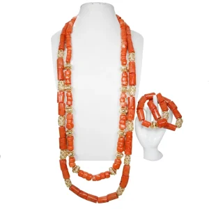Natural Red Coral Beaded Set Handmade 24K Gold Plated Double Necklace Set for Women Wedding Party YL219