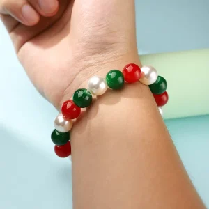Natural Red Green Agate Beaded Bracelet Pearl Accent Stretch Unisex Gemstone Jewelry Fashion Beads Bracelet Christmas Style