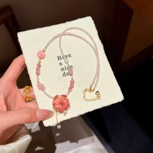 Natural Rose Quartz & Pink Preserved Flower Necklace Ethnic Style Beads Chain Romantic Spiritual Gift for Women