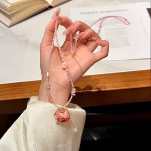 Natural Rose Quartz & Pink Preserved Flower Necklace French Style Sweet Clavicle Chain Romantic Spiritual Gift for Her