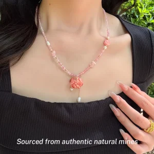 Natural Rose Quartz & Pink Preserved Flower Necklace French Style Sweet Clavicle Chain Romantic Spiritual Gift for Her