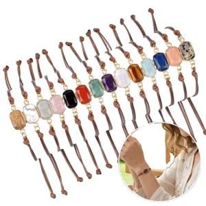 Natural Semi precious Stone Bracelet Vintage Hand woven Adjustable Bangle Faceted Edged Rectangular Crystal Bracelet