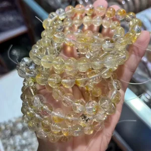 Natural Shining Yellow Gold Herkimer Diamond Women’s Round Beads Crystal Bracelet Fashion Stone Jewelry