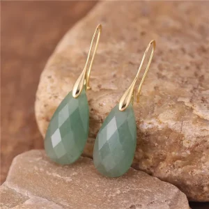 Natural Stone Amazonite Amethyst Teardrop Pendant Gold Hook Drop Earrings Women Fashion Boho Geometric Fine Jewelry