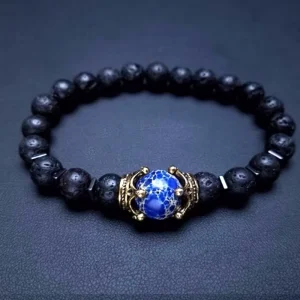 Natural Stone Bead Bracelet Elastic Antique Crown Tiger Eye Stone Bead Bracelets for Men