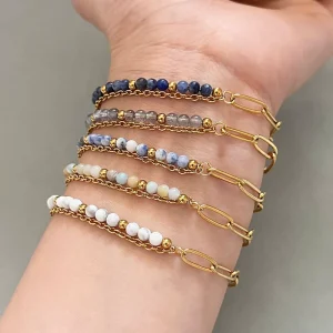 Natural Stone Bead Double Layered From Europe and America Retro High end and Versatile Stainless Steel Bracelet for Women