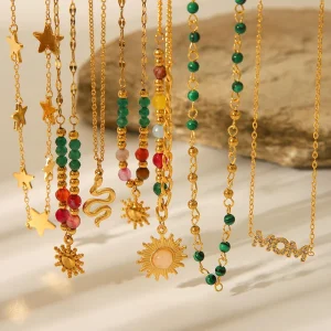 Natural Stone Beaded 18K Gold Plated Stainless Steel Link Chains Sun Star Pendant Necklace Europe America Style