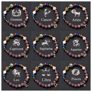Natural Stone Beaded Bracelet 12 Constellations Stainless Steel Pendant Fashion Jewelry Gifts Couple Bracelet