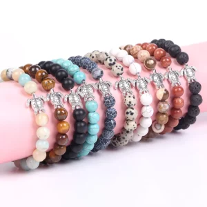 Natural Stone Beaded Bracelet Silvery Sea Turtle Charm Elastic Bracelets Lava Rock Tiger Eye Turquoise Bracelet OEM