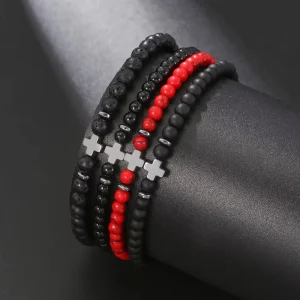 Natural Stone Beaded Cross Bracelet Black Gallstone Couple Bracelet Gift Elasticity Fashion Jewelry Charm Bracelets