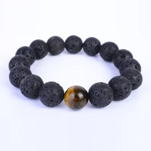 Natural Stone Black Lava Tiger Eye Stone Beaded Men Bracelet
