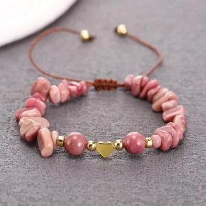 Natural Stone Chip Bracelet Braided Cord Heart Charm Bangle Wristband Minimalist Boho Chic Stacking Everyday Jewelry