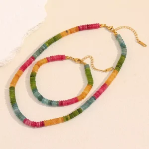 Natural Stone Colorful Beaded Chain Necklace Fashion Bead Jewelry Set Waterproof Non Tarnish Jewelry