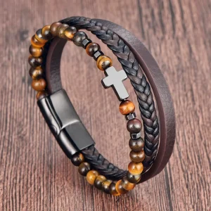 Natural Stone Cross Leather Bracelet Men’s Double Layer Braided Cowhide Wristband Stainless Steel Magnetic Bangle