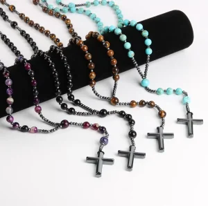 Natural Stone Cross Metal Pendant Necklace Men Hematite Tiger Eye Turquoise Gemstone Beaded Rosary Christian Jewelry