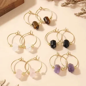 Natural Stone Crystal Earrings French Retro Yellow Tiger Eye Earrings 3mm Copper Bead Diamond