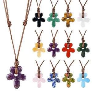 Natural Stone Five Petal Flower Necklace With Adjustable Sweater Chain And Hand Carved Crystal Petal Pendant Design