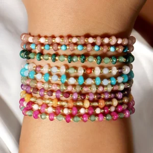 Natural Stone Flat Bead Series Gold Bead Elastic Rope Fashion Jewelry Bracelet