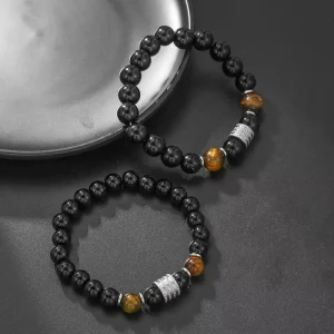 Natural Stone Tiger Eye Black Kong Stainless Steel Accessories Charms Bracelets Couples Fashion Jewelry Elasticity Men Bracelet