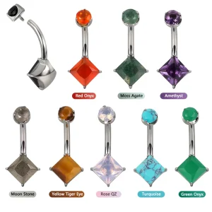 Natural Stone Titanium 14G Internally Threaded Prong Set Rectangle Natural Stone Belly Ring Navel Ring Earring