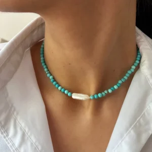 Natural Stone Turquoise Beaded Necklace Freshwater Pearl Non Tarnish Beads Stainless Steel Jewelry for Women Men