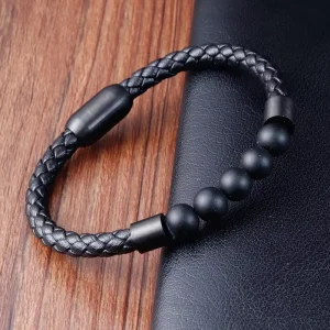 Natural Stone Volcanic Rock Leather Bracelet Stainless Steel Leather Braided Bangle Multi-Strand Men’s Titanium Steel Jewelry L2