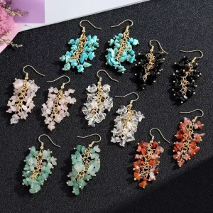 Natural Stones Healing Crystal Dangle Earrings Fashion Colorful Gemstone Beaded Drop Earrings for Women