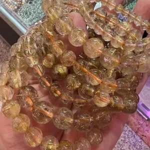 Natural Titanium Dioxide Rutile Round Stone Beads Gold Rutilated Quartz Rough Crystal Bracelet Jewelry