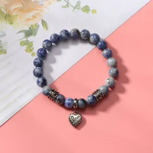 Nature Round Stone Beads Blue Spot Stainless Steel Heart Charm Pendant Bracelet for Healing Gemstone Jewelry