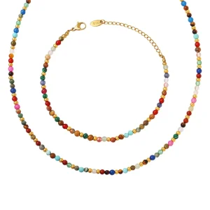 Nature Stone Beaded Necklace and Bracelet Jewelry Set for Women, Gold Plated