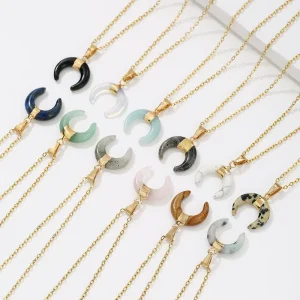 Necklace 18K Gold Plated Stainless Steel Crescent Moon Pendant Handmade Healing Crystal Boho Celestial Geometric Dainty Jewelry