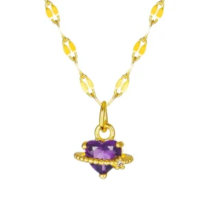 Necklace with Zircon Heart Inlay Saturn Pendant