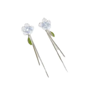 Needle Artificial Crystal Leaf Tassel Earrings French Style Retro Elegant Light Luxury High Grade Gold Plating for Gift