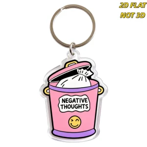 Negative Thoughts Trash Can Keychain Cute Pink Bin with Smiley Face Acrylic Key Ring Mental Health Humor Accessory