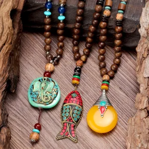 Nepal Handmade Wood Bead Pendant Charm Long Necklace