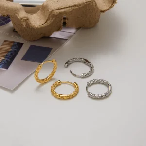 New 14K Gold Stainless Steel Hammered Earrings Delicate Hammered Rope Texture Small Hoop Earrings for Women