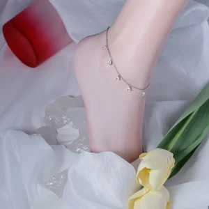 New 925 Pure Silver Set Zircon Anklets White Gold Water Drop Shaped Foot Chain Cute Style