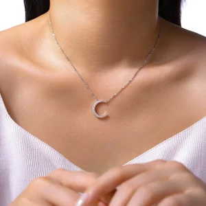 New 925 Sterling Silver Moissanite Crescent Moon Pendant Necklace Snake Bone Chain Light Luxury Style Women’s High end