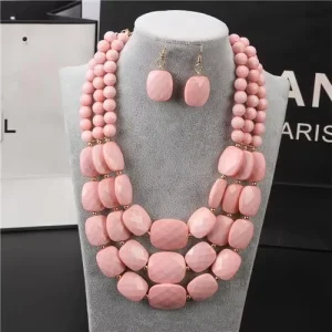 New Arrival Bohemian Fashion Multi Color Layered Long African Costume Acrylic Beads Chic Chains Necklace Earrings Jewelry Sets