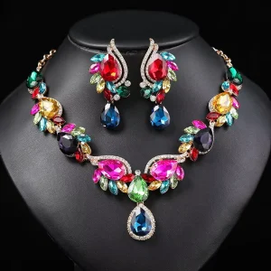 New Arrival Diamond Crystal Jewelry Sets for Women Alloy Water Drop Rhinestone Pendant Necklace Earrings for Weddings Bridal