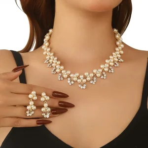 New Arrival Elegant Solid Color Flower Pearl Necklace Earrings Set for Women Jewelry