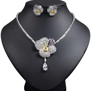 New Arrival Elegant Solid Color Flower Zircon Bamboo Chain Necklace Earrings Set for Bridal Jewelry
