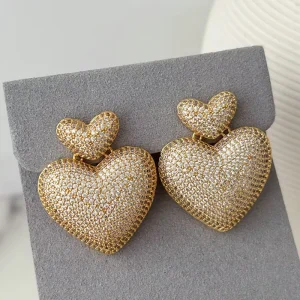 New Arrival European and American Fashionable Copper Pave Zircon Heart Earrings
