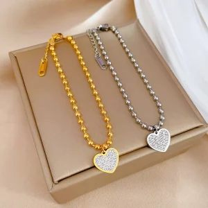 New Arrival Fashion Chain Link Bracelets Zircon Heart Love Pendant 18K Gold Stainless Steel Bead Bracelet Jewelry Party Gift