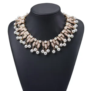 New Arrival Fashion Exaggerated Alloy Full Pearl Tassel Necklace Pearl Necklace Earrings Sets for Girls Women Ladies