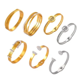 New Arrival Fashion Stainless Steel Cuff Bracelet Cubic Zirconia Tree of Life Bangle for Women
