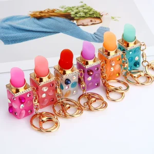New Arrival Fashionable Stainless Steel Lip Gloss Keychain with Shiny Rhinestone Charm