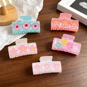 New Arrival Handmade Floral Print Acrylic Hair Claw Clip Rectangle Shark Clip Non Slip Hair Accessories